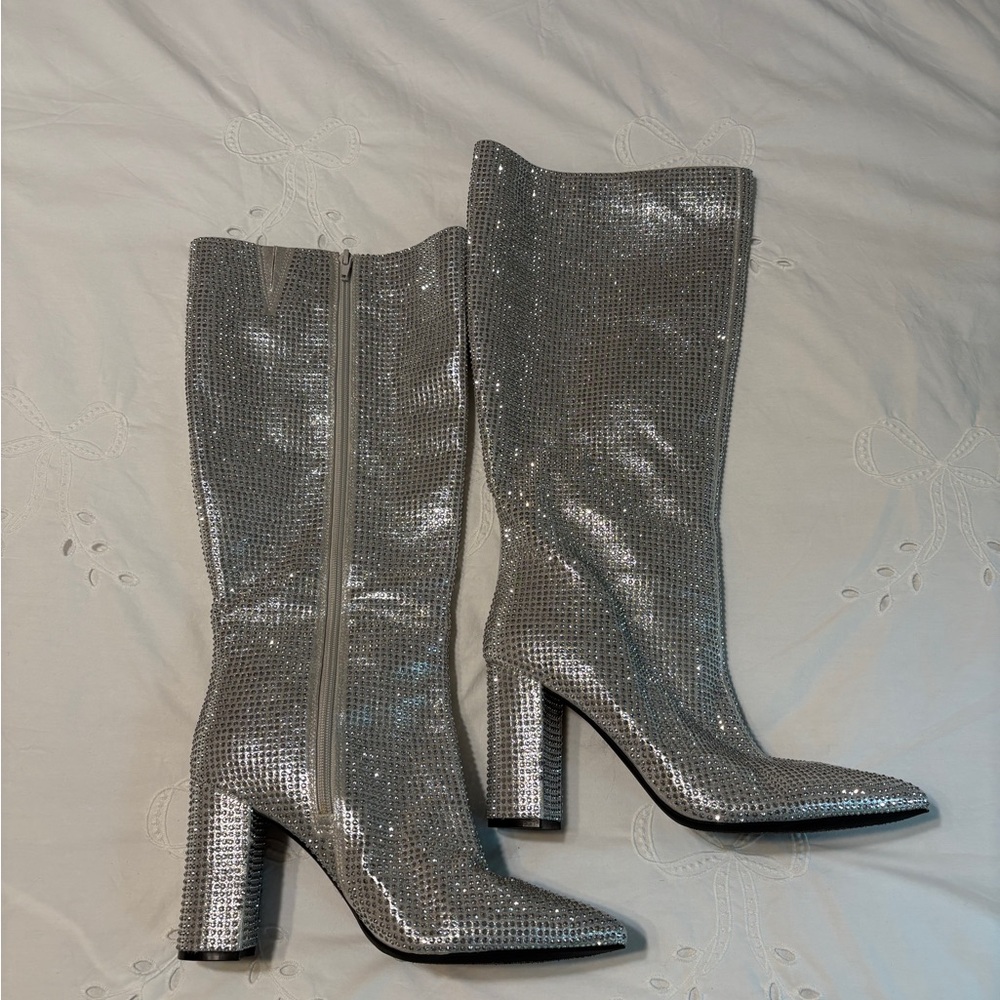 Silver glittery sparkly knee-high boots